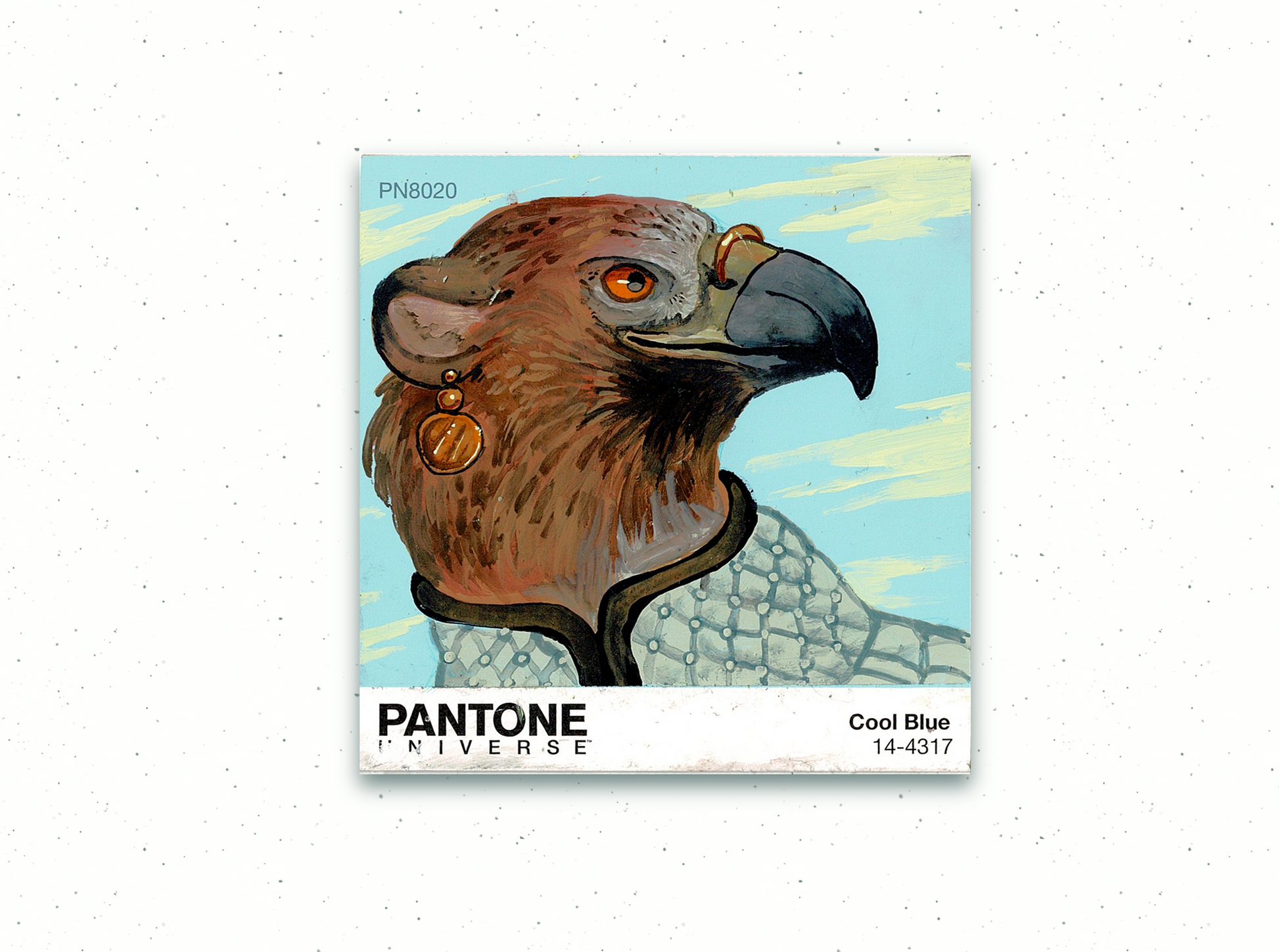 An anthropormorphic gryphon wearing a light colored gambeson painted on  Cool Blue Pantone swatch.
