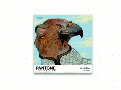 An anthropormorphic gryphon wearing a light colored gambeson painted on  Cool Blue Pantone swatch.